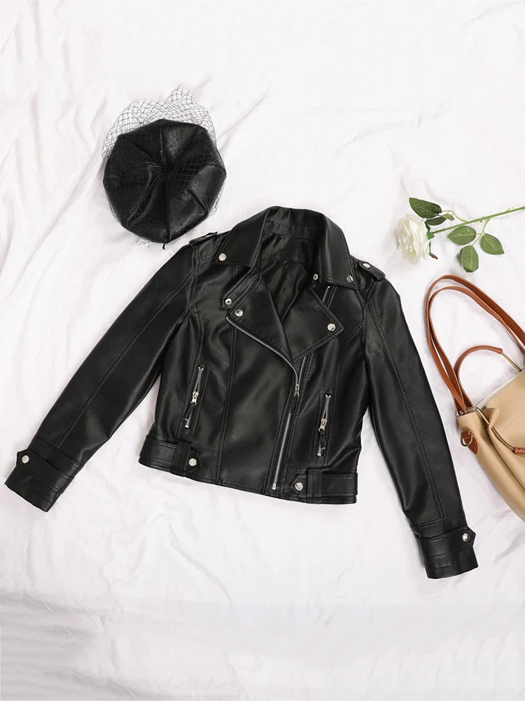 Veste biker femme beige en simili cuir