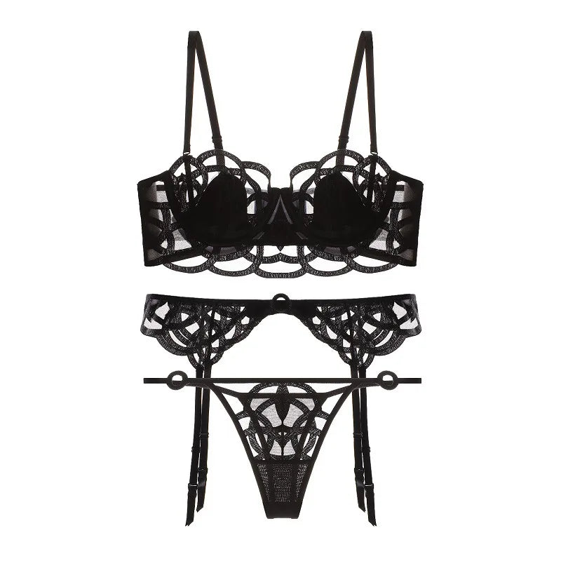 Ensemble de lingerie 3 pièces soutien-gorge + jarretières + string pour femmes