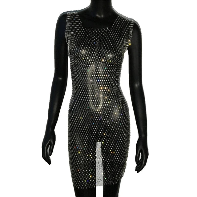 Robe de soirée en résille scintillante, strass, paillettes pour femmes
