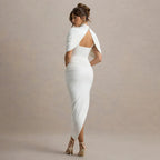 Robe longue froncée à manches mi-longues, dos nu pour femmes