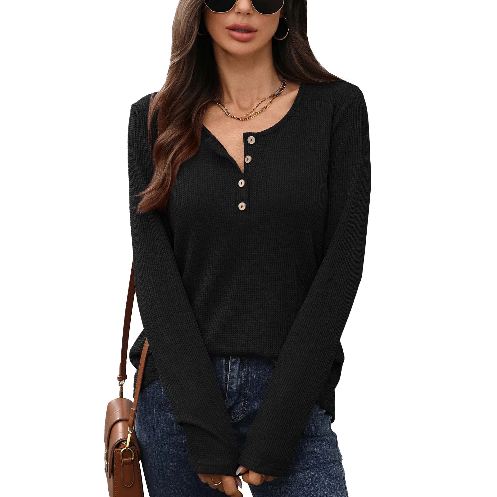 T-shirt à manches longues ample uni avec boutons pour femmes