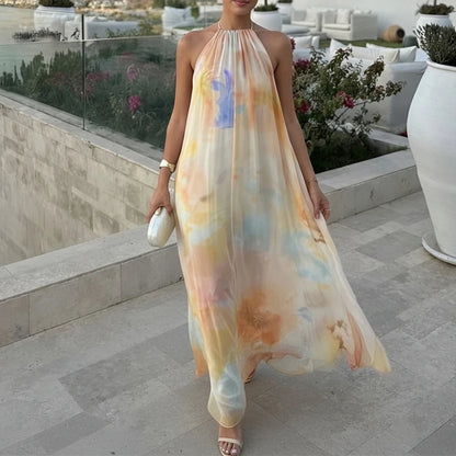 Robe longue tie-dye en maille froncée pour femme