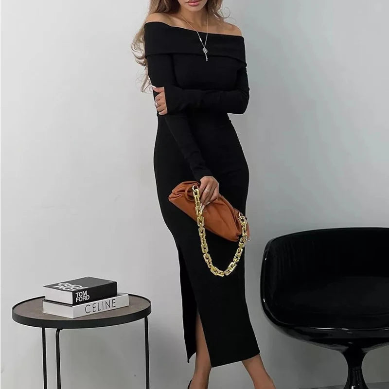 Robe longue femme moulante à col Bardot et manches longues