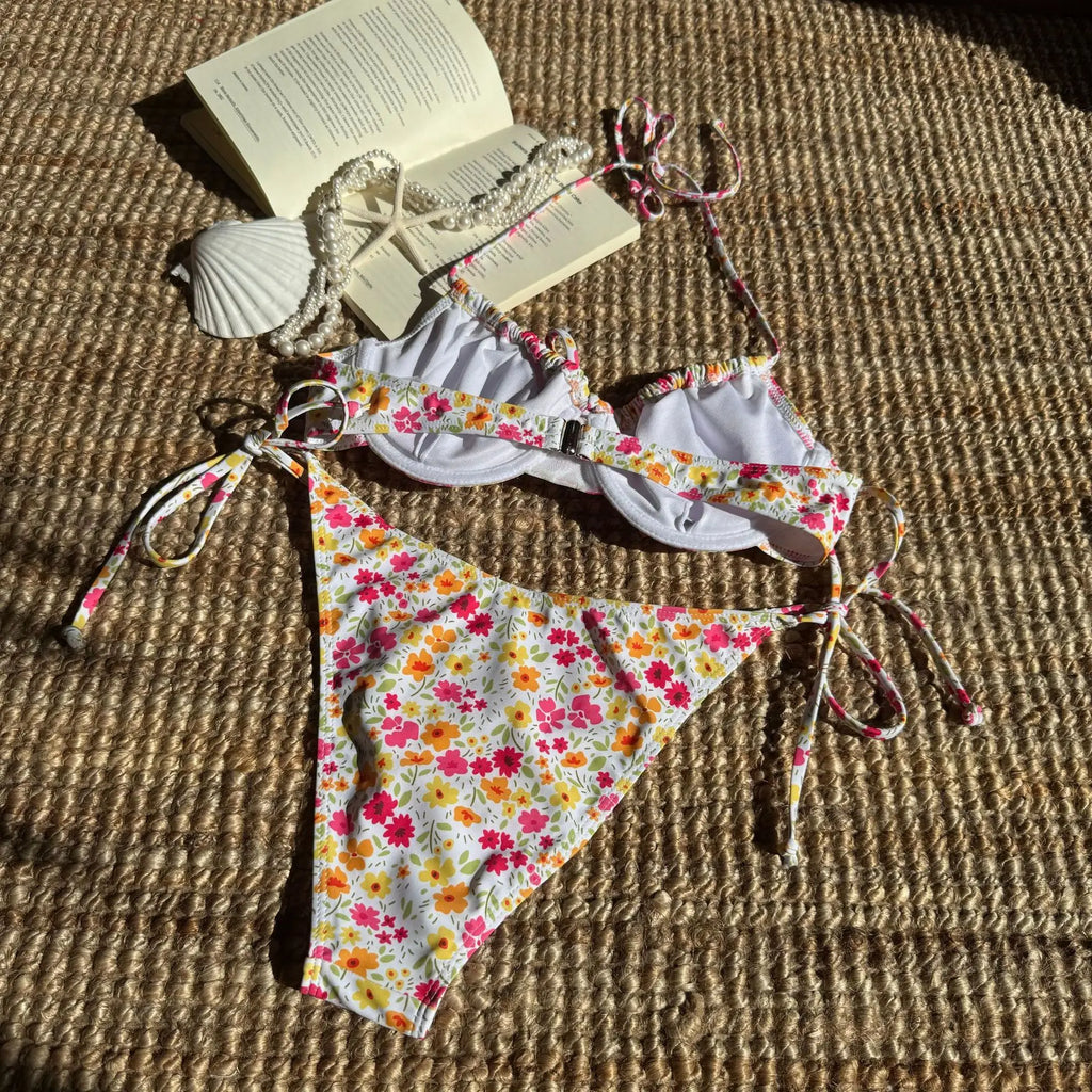 Maillot de bain deux pièces imprimé fleuri à armatures pour femmes