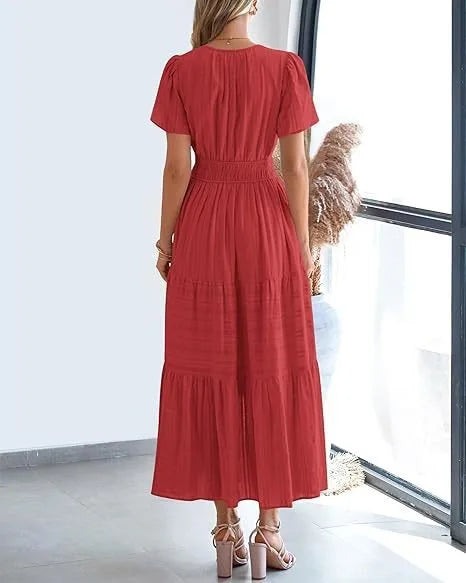 Robe longue plissée élégante style français à col en V pour femmes