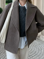 Manteau blazer court en laine unie à double boutonnage pour femmes