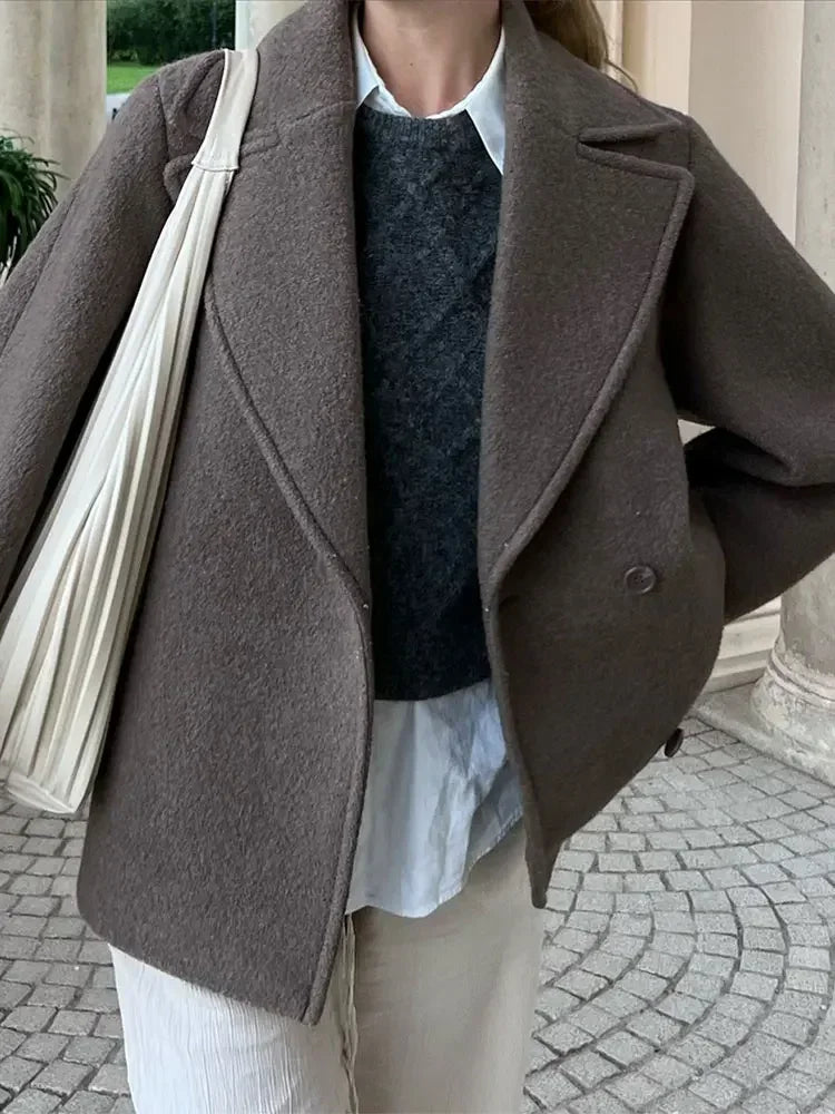 Manteau blazer court en laine unie à double boutonnage pour femmes