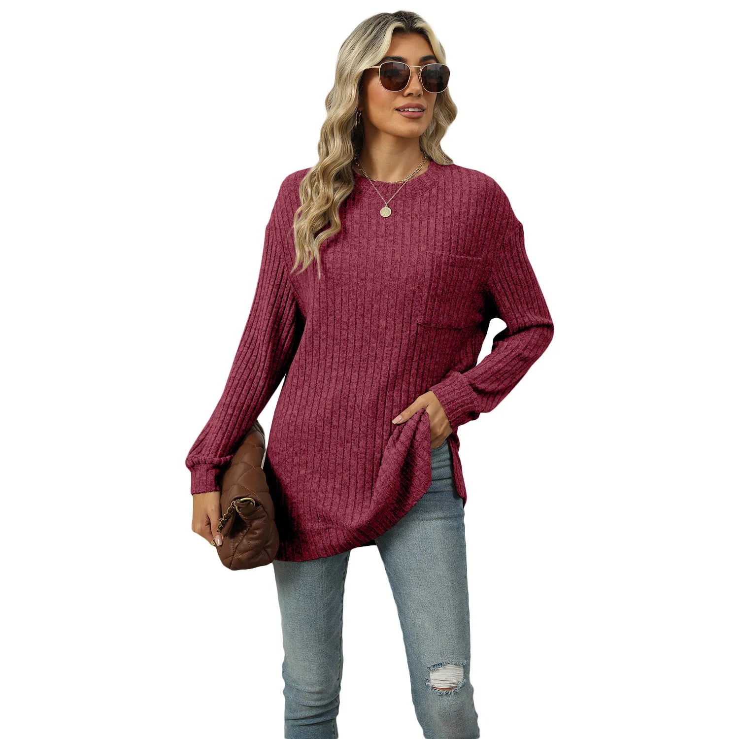 T-shirt à manches longues fendu pour femmes