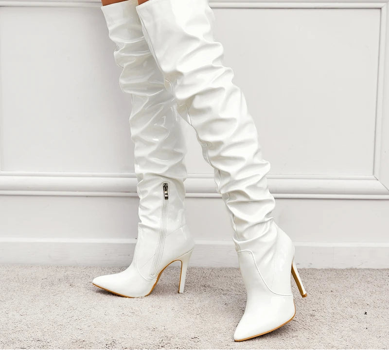 Cuissardes mode en cuir verni bout pointu fermeture éclair pour femmes
