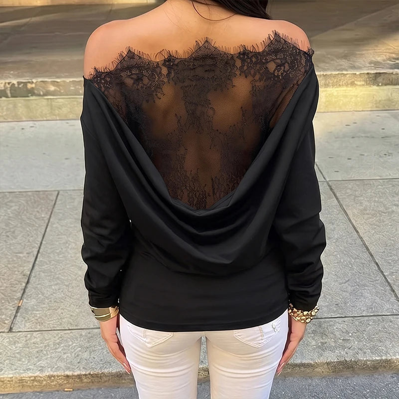 T-shirt Vintage Femme – Col Asymétrique et Dentelle