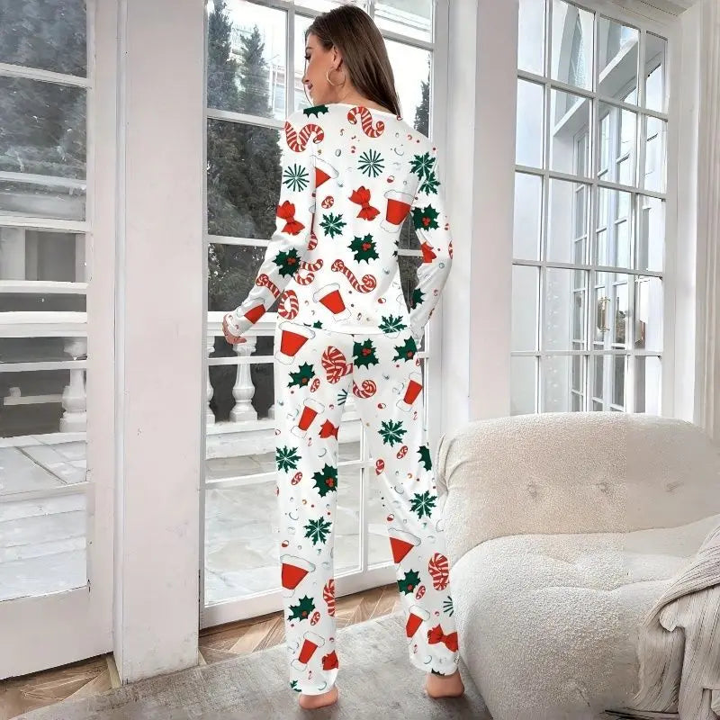 Pyjama de Noël Fleuri Femme – Haut Manches Longues et Pantalon