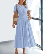 Robe longue plissée élégante style français à col en V pour femmes