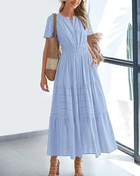 Robe longue plissée élégante style français à col en V pour femmes