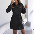 Robe chemise décontractée unie à manches longues et bouton unique en velours pour femmes
