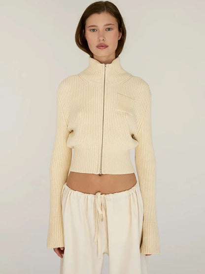 Cardigan Femme – Maille, Col Roulé Zippé et Manches Longues