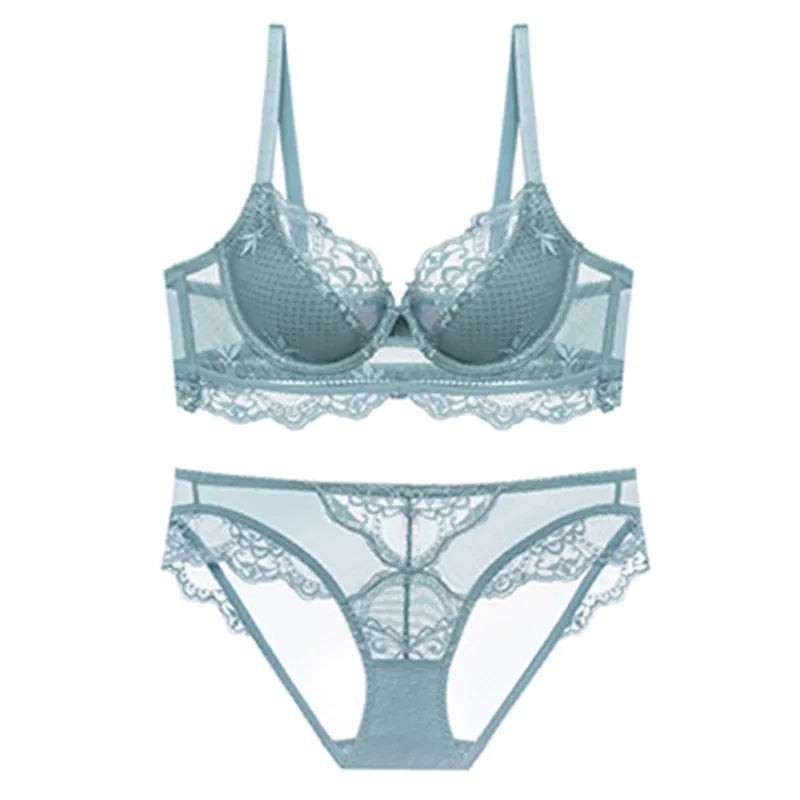 Ensemble soutien-gorge et slip push-up doublés en dentelle fine pour femmes
