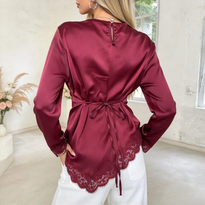 Chemise Satinée Femme – Dentelle et Ourlet Asymétrique