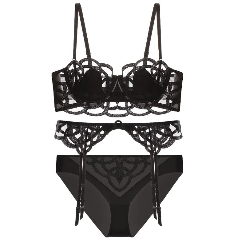 Ensemble de lingerie 3 pièces soutien-gorge + jarretières + string pour femmes