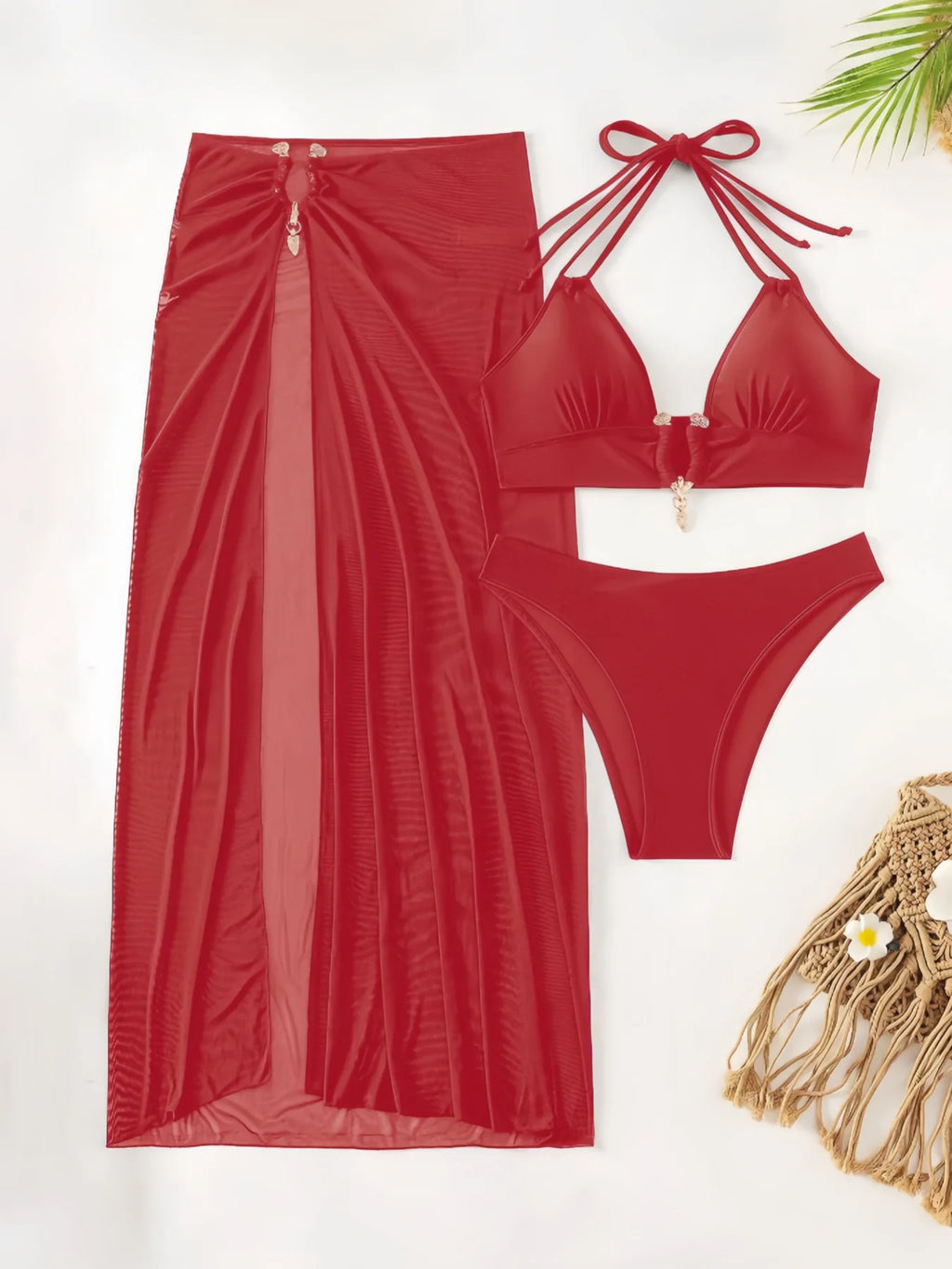 Maillot de bain bikini trois pièces avec bretelles à nouer autour du cou pour femmes