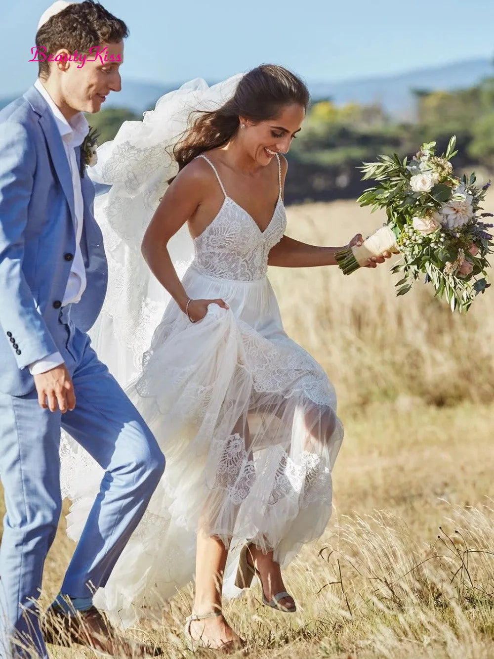 Robe de mariée trapèze en dentelle et Tulle pour femmes