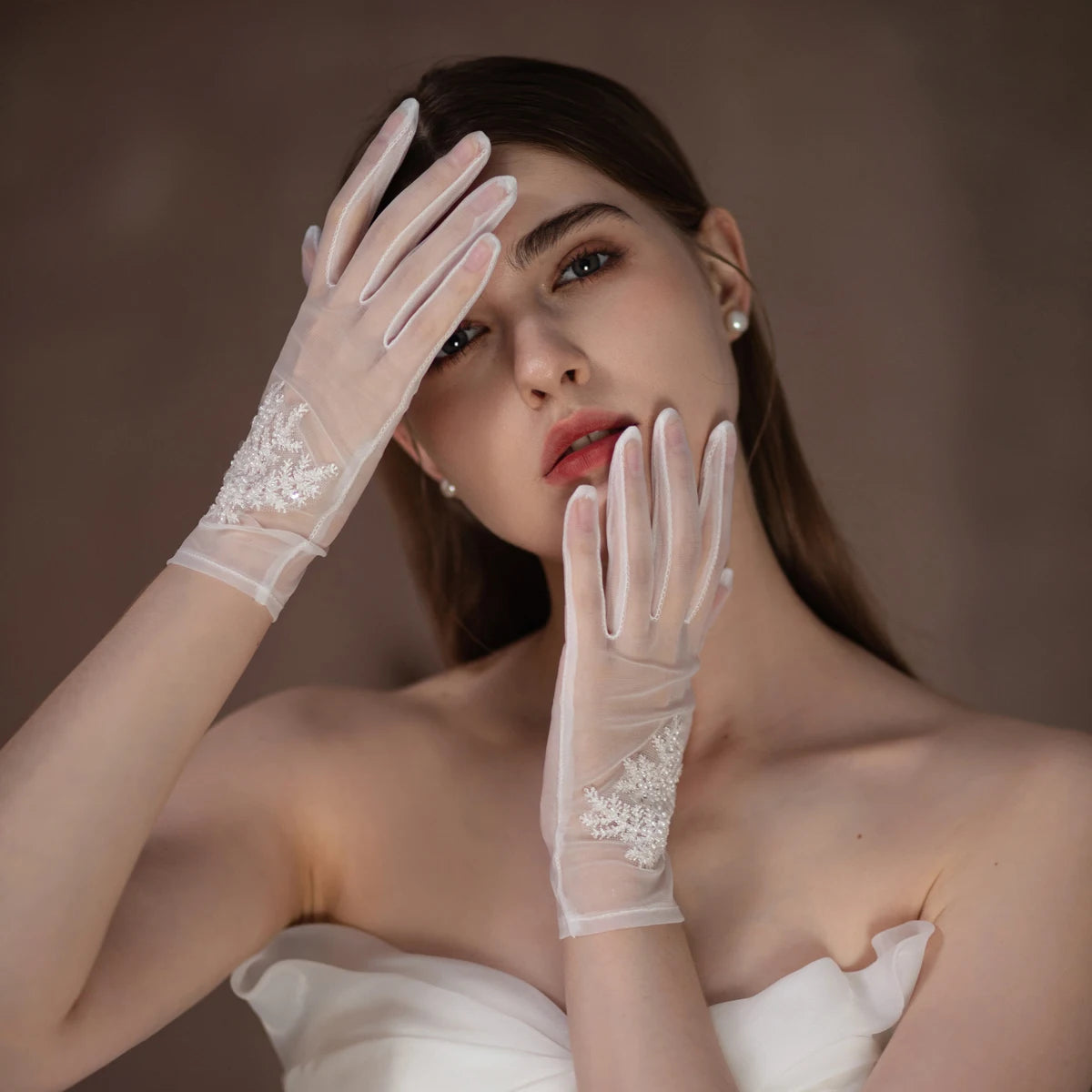Gants de mariée en tulle doux et perles de cristal pour femmes