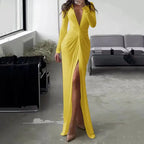 Robe de soirée fendue à col en V profond pour femmes