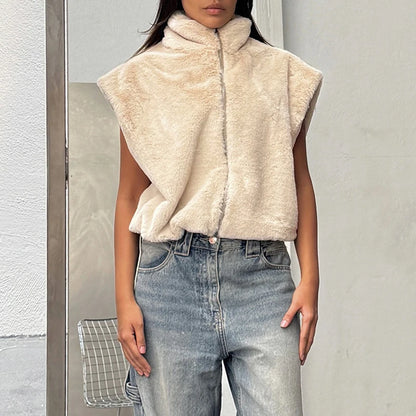 Gilet femme en fausse fourrure à col montant