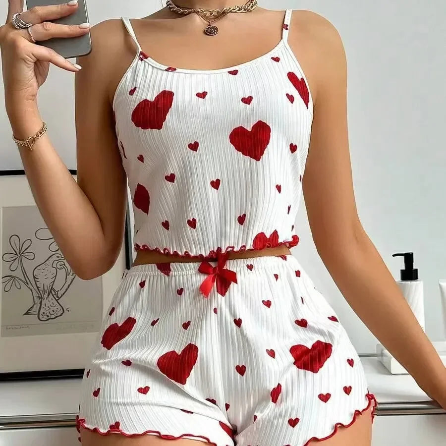 Pyjama d’Été Femme – Débardeur et Short à Cœurs