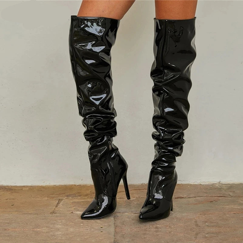 Cuissardes mode en cuir verni bout pointu fermeture éclair pour femmes