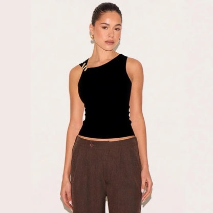 Haut Court Asymétrique Femme – Une Épaule et Détails Cloutés
