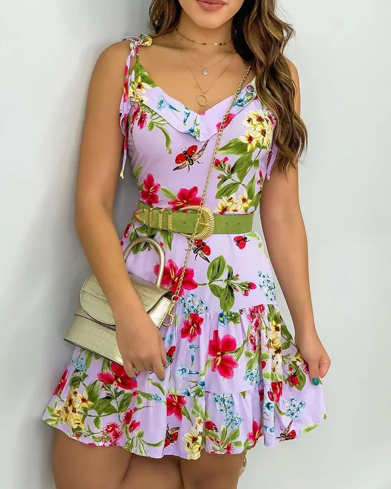 Robe décontractée à bretelles spaghetti et volants pour femmes