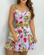 Robe décontractée à bretelles spaghetti et volants pour femmes