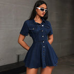 Robe en jean boutonnée à manches courtes pour femmes