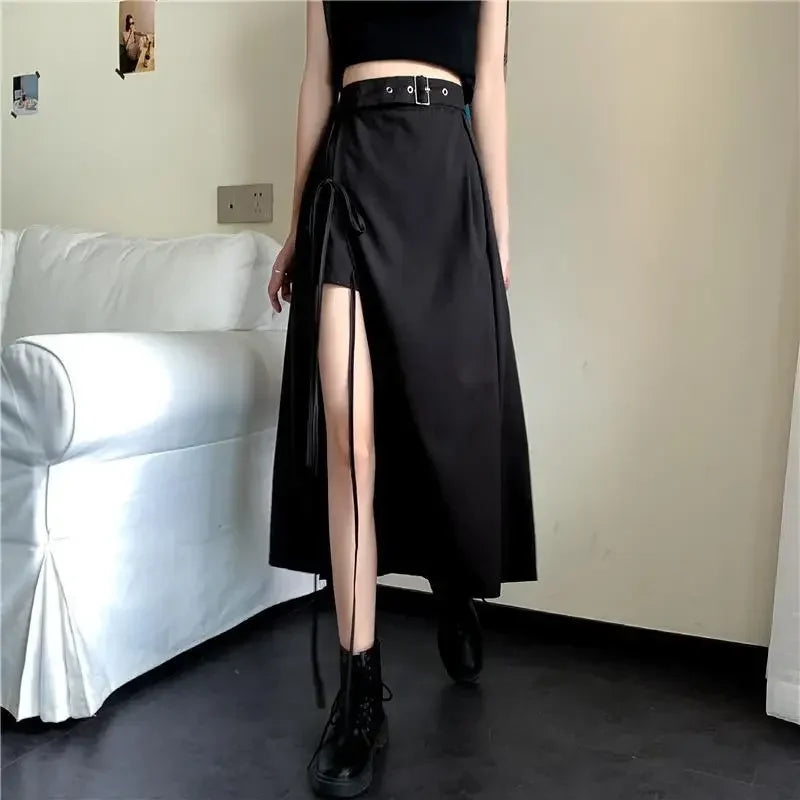 Jupe fendue mi-mollet style gothique sombre vintage pour femmes
