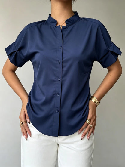 Chemisier Bleu Marine Femme – Col Montant et Manches Courtes