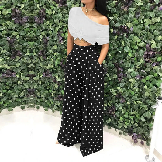 Pantalon large femme taille haute à pois