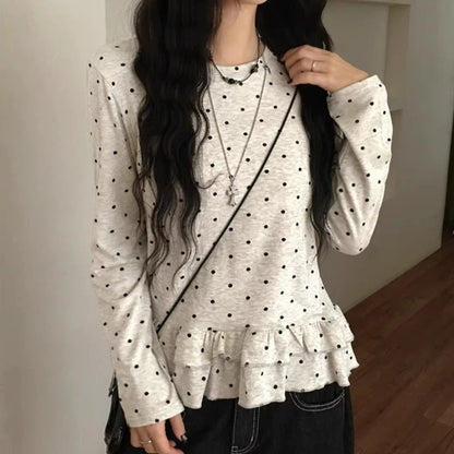 T-shirt à Pois Femme – Manches Longues et Finitions à Volants