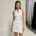 Robe mini dos nu à pois col en V lacé pour femmes