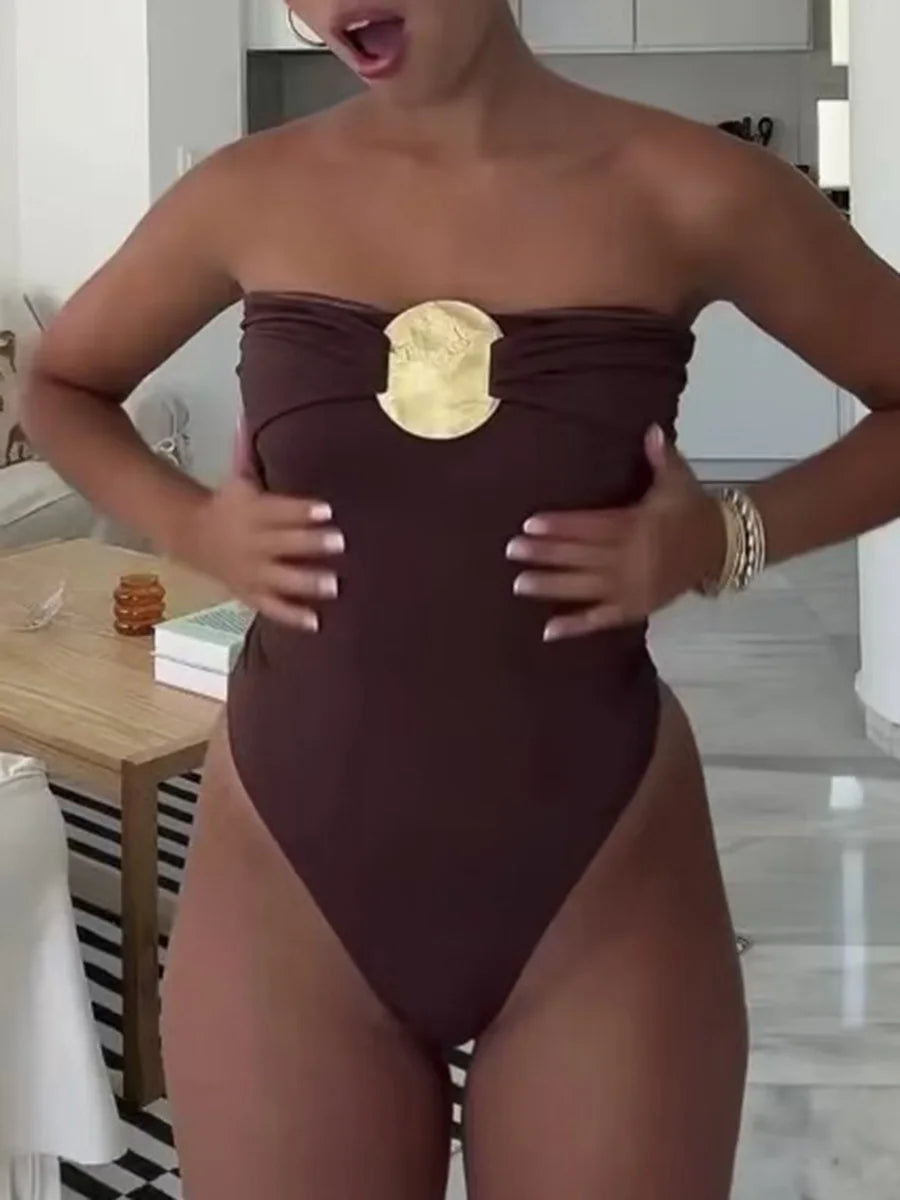 Maillot de bain bandeau une pièce sexy à boucle métallique pour femmes