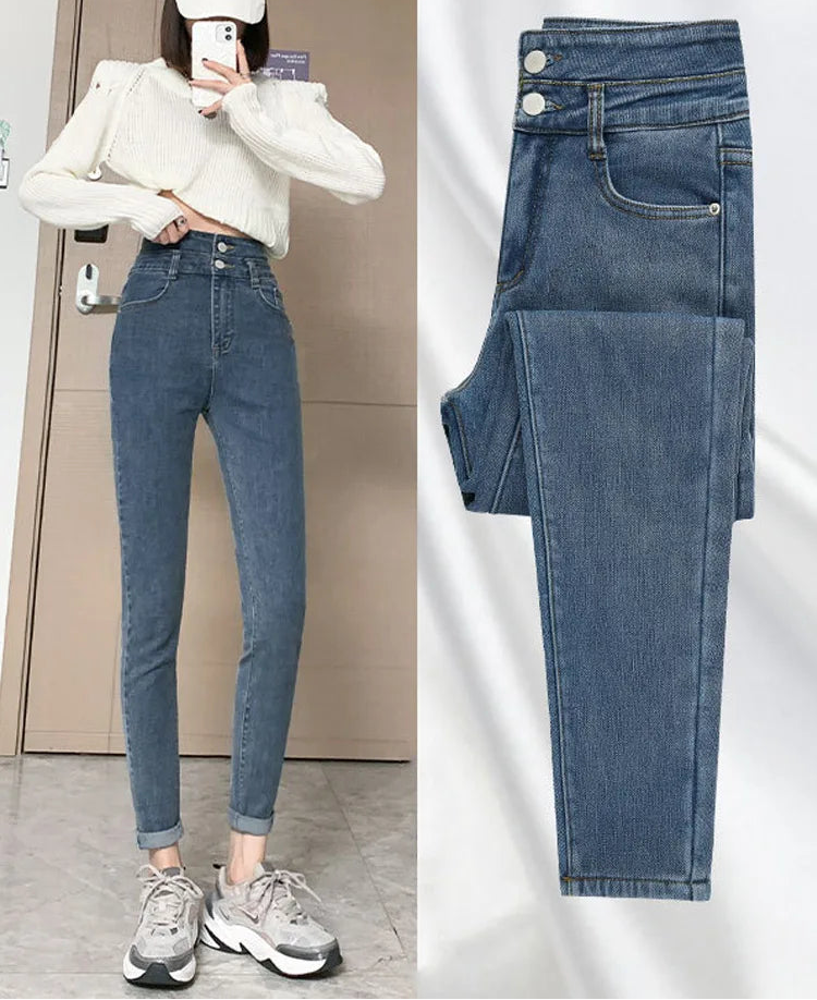 Jean slim taille haute à trois lèvent pour femmes