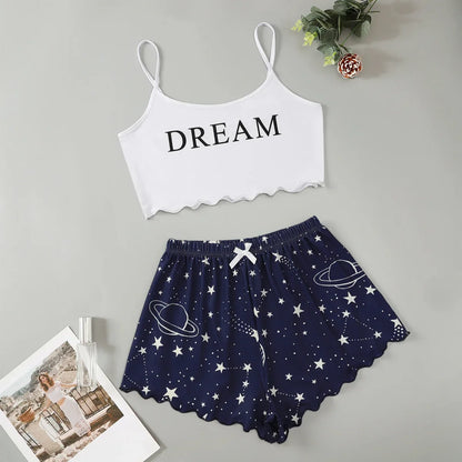 Pyjama Court d’Été Femme – Lune et Étoiles