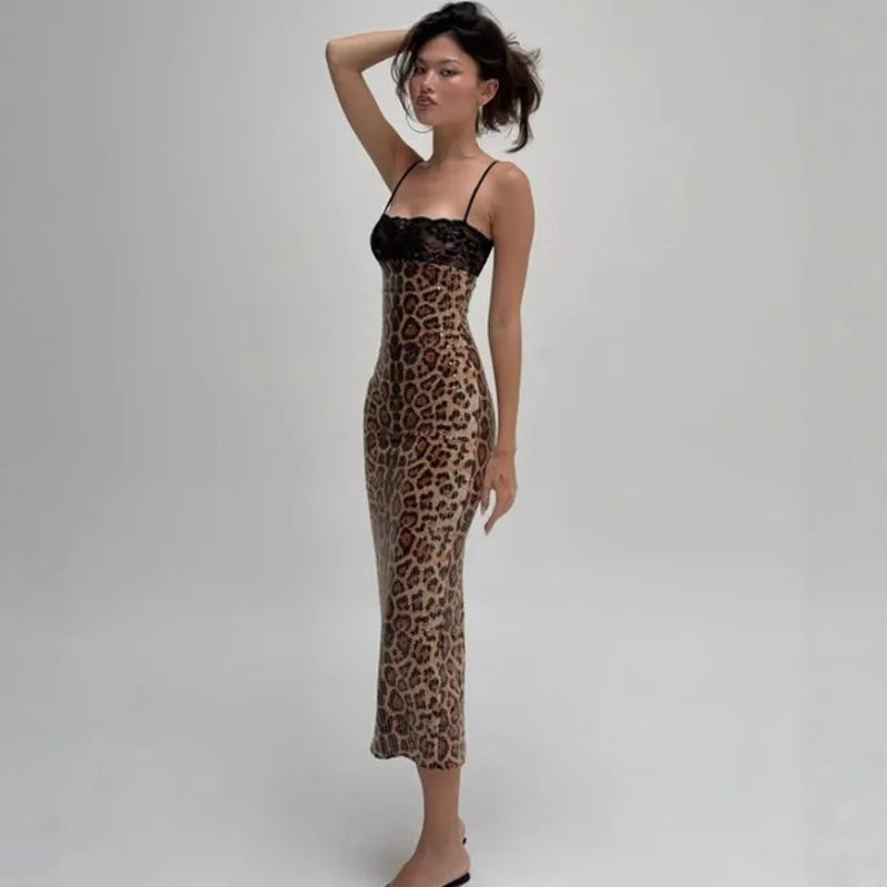 Robe longue à sequins imprimé léopard pour femmes