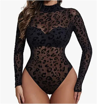 Body transparente en maille à manches longues pour femmes