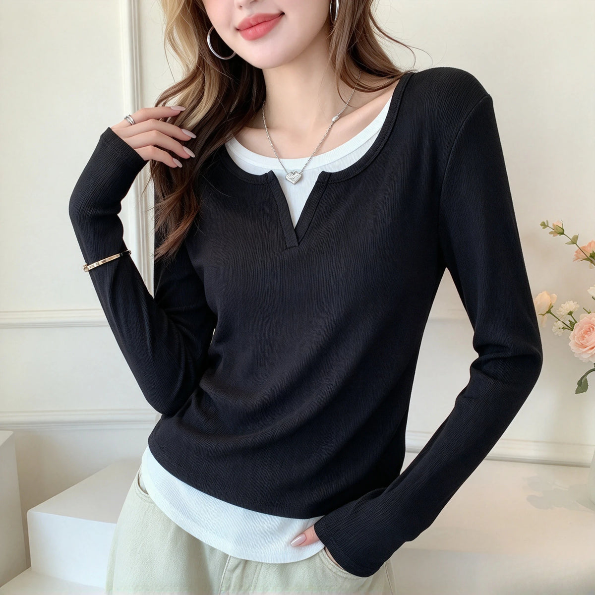 T-shirt Basique Femme – Col Rond et Manches Longues