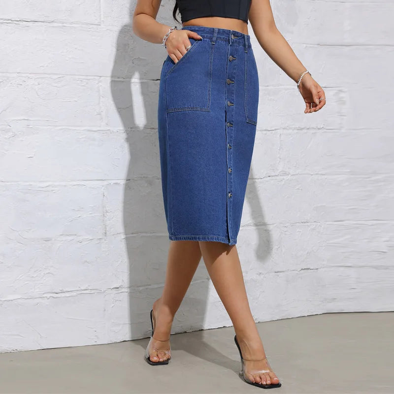 Jupe en jean vintage à simple boutonnage pour femmes