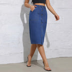 Jupe en jean vintage à simple boutonnage pour femmes