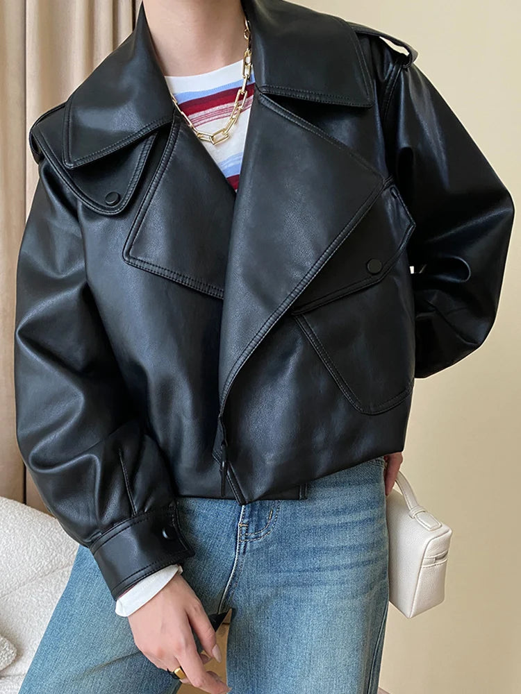 Veste courte en faux cuir PU pour femmes