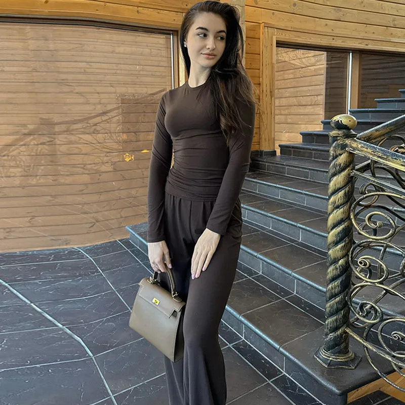 Ensemble pantalon plissé décontracté et haut à manches longues et col rond pour femmes