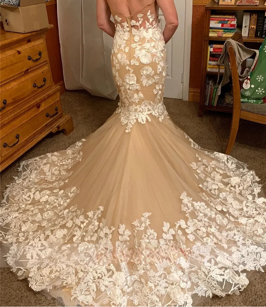 Robe de mariée sirène champagne à col rond pour femmes