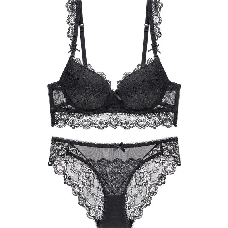 Ensemble soutien-gorge push-up en dentelle brodée et culotte pour femmes
